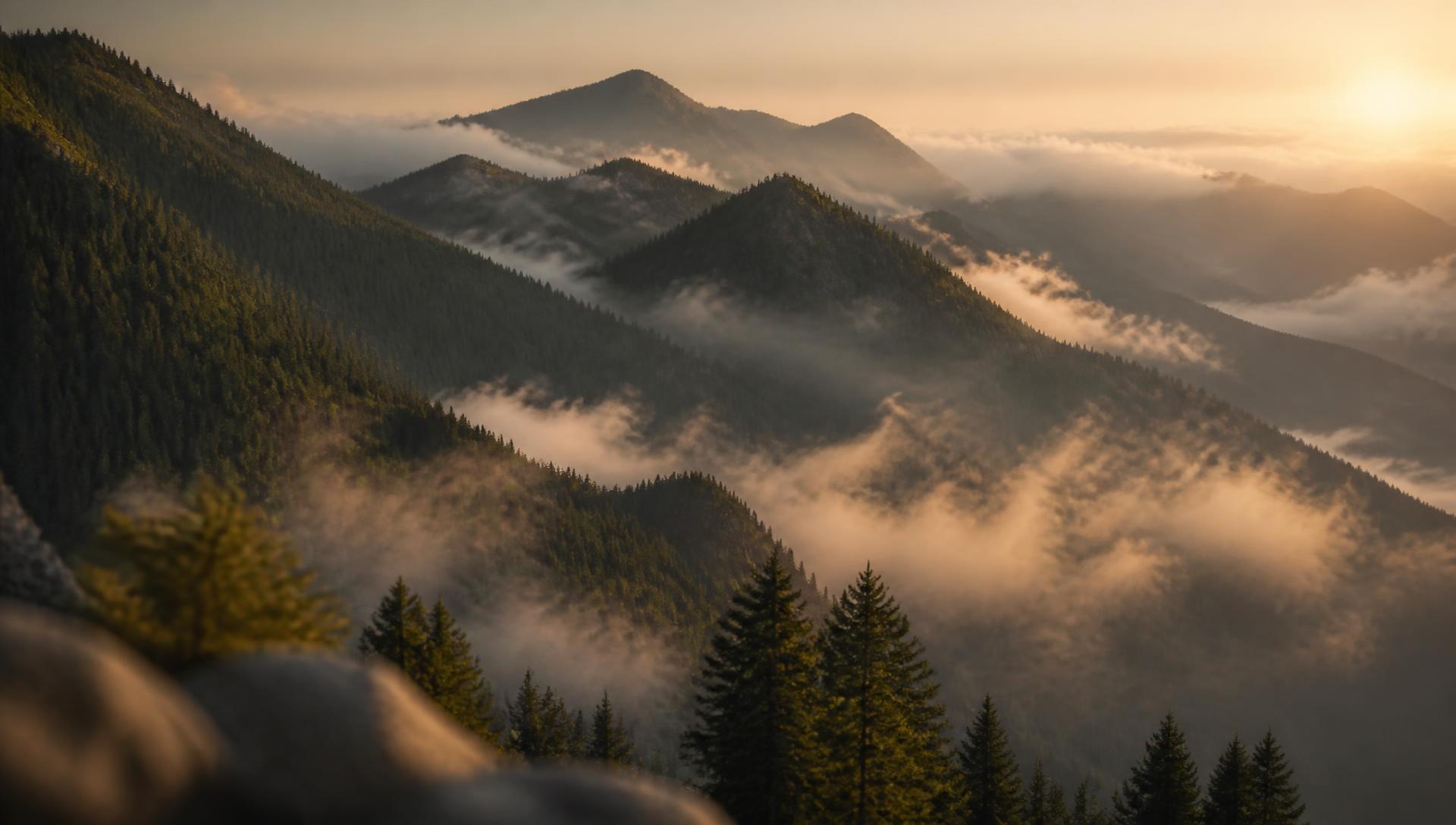 Mist rolling over forested mountain ridges at golden hour